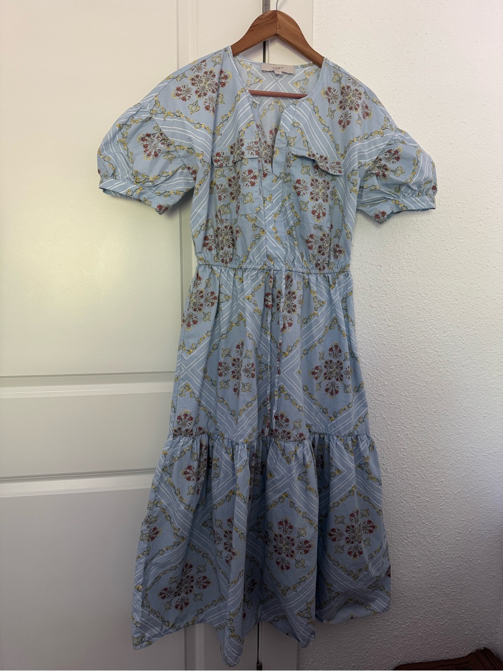 Loft Cotton Light Blue Floral Tiered Midi/Maxi Dress S-Small